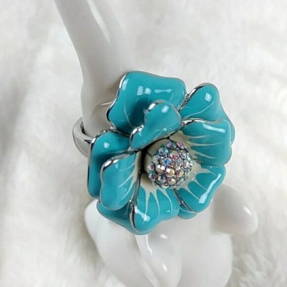Hypoallergenic Blue Flower Statement Ring Stainless Steel Statement Ring - Picture 5 of 9